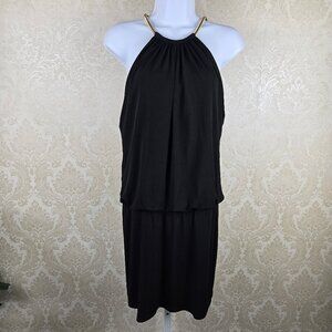 Jessica Simpson Size 4 Black Blouson Top Mini Dress Gold Chain Halter Neck